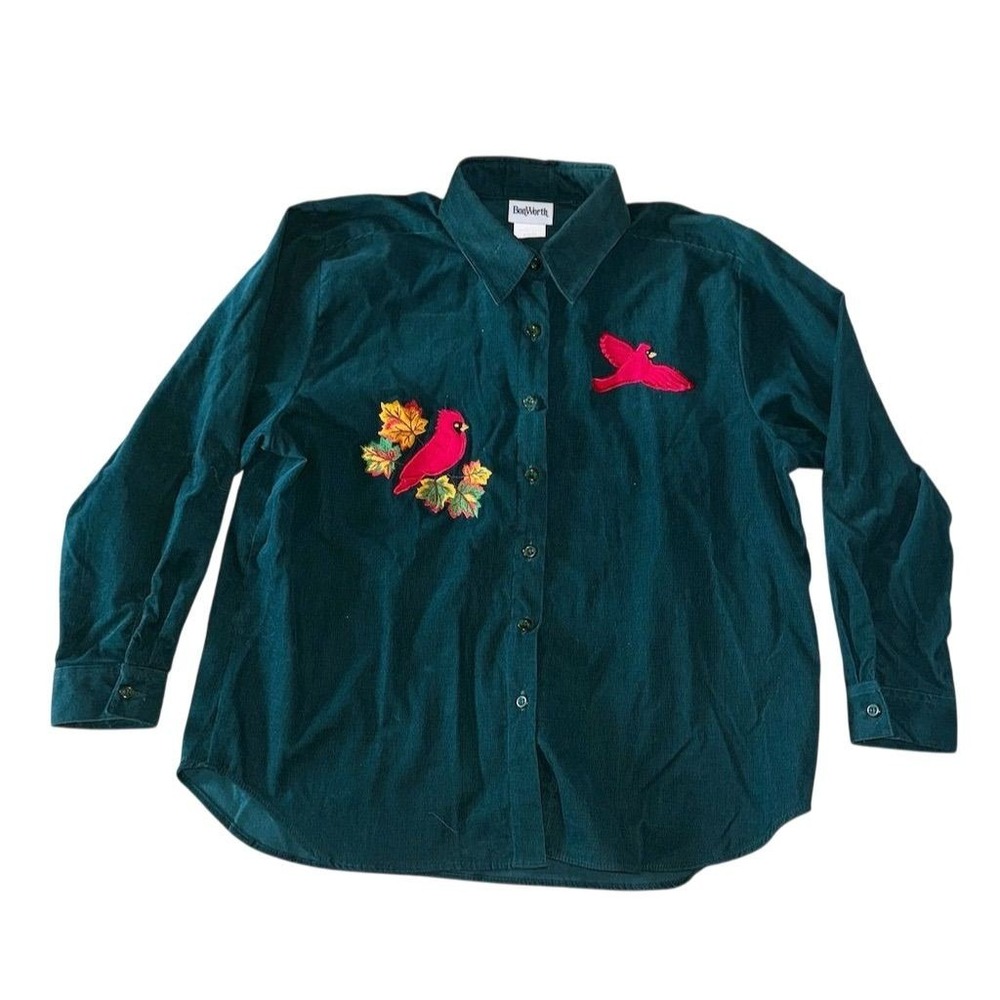 Bon Worth cardinal bird Women Green Corduroy Embroidered Button-Up Shirt MPetite